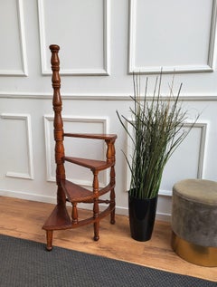Midcentury Italian Carved Walnut Wood Spiral 4-Step Library Ladder