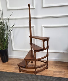 Midcentury Italian Carved Walnut Wood Spiral 4-Step Library Ladder