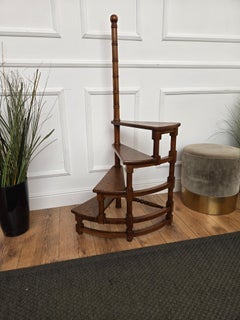 Midcentury Italian Carved Walnut Wood Spiral 4-Step Library Ladder