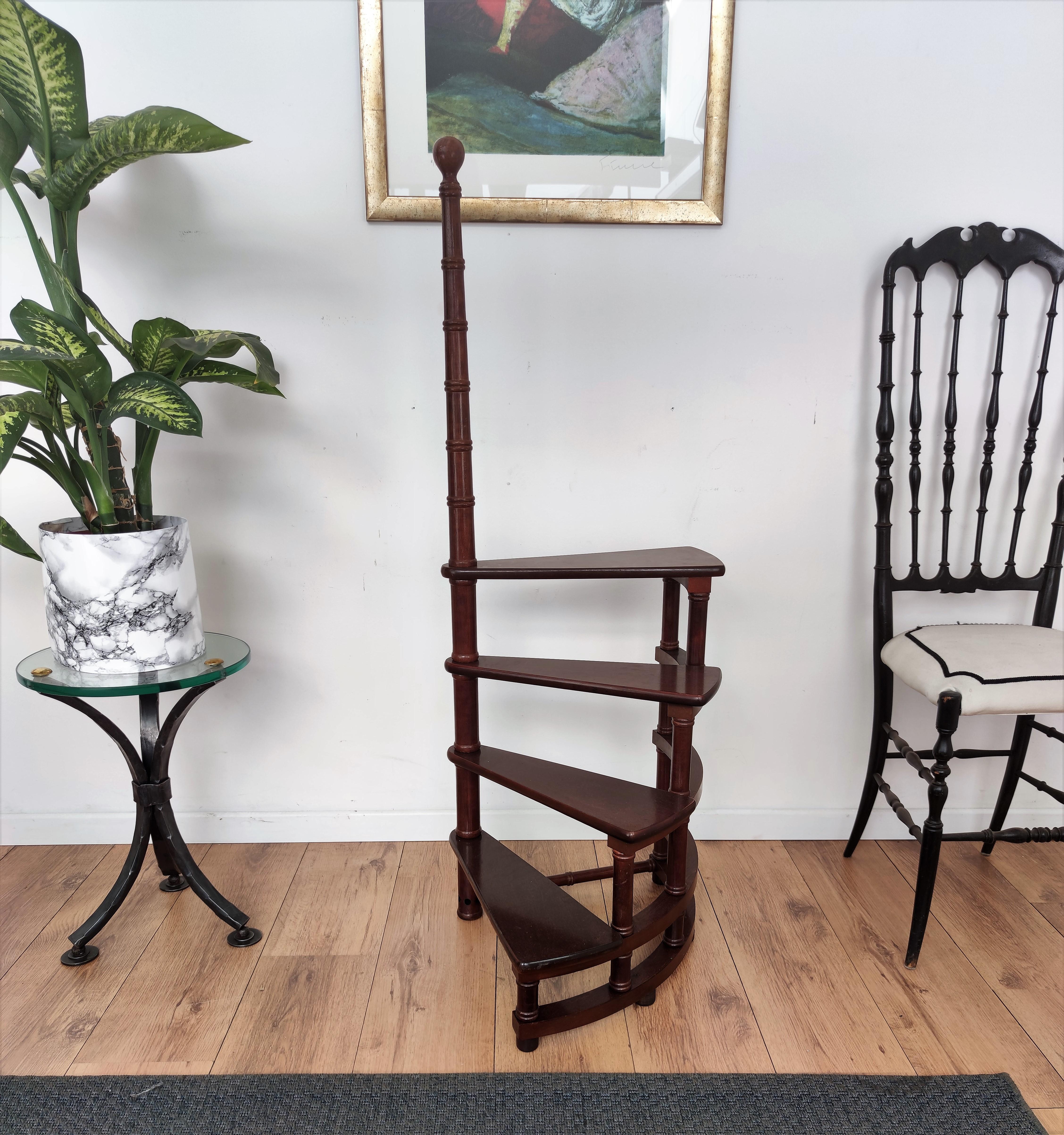 Hand-Carved Midcentury Italian Carved Walnut Wood Spiral 4-Step Library Ladder
