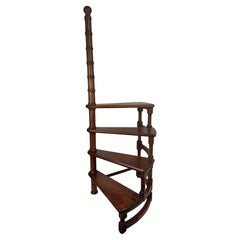 Vintage Midcentury Italian Carved Walnut Wood Spiral 4-Step Library Ladder