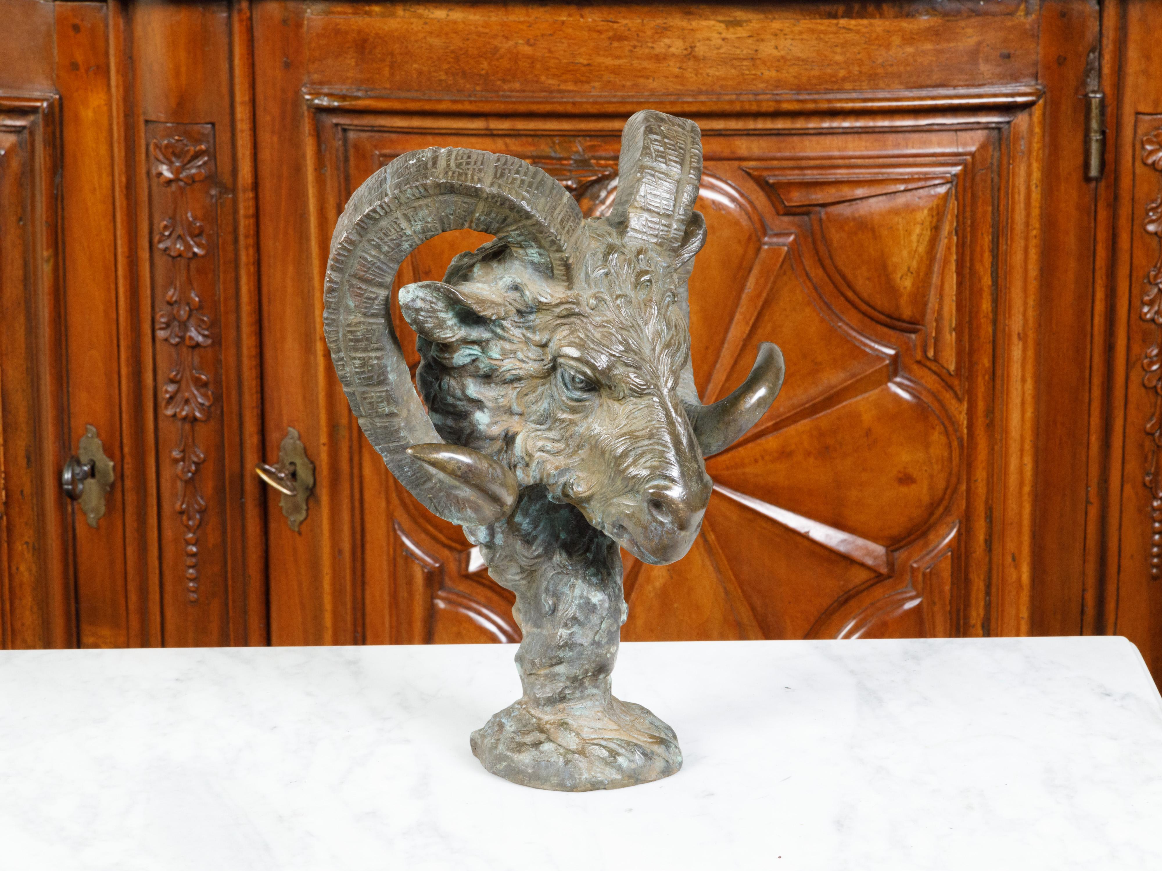 Midcentury Italian Cast Bronze Sculpture of a Ram's Head on Base For Sale 2