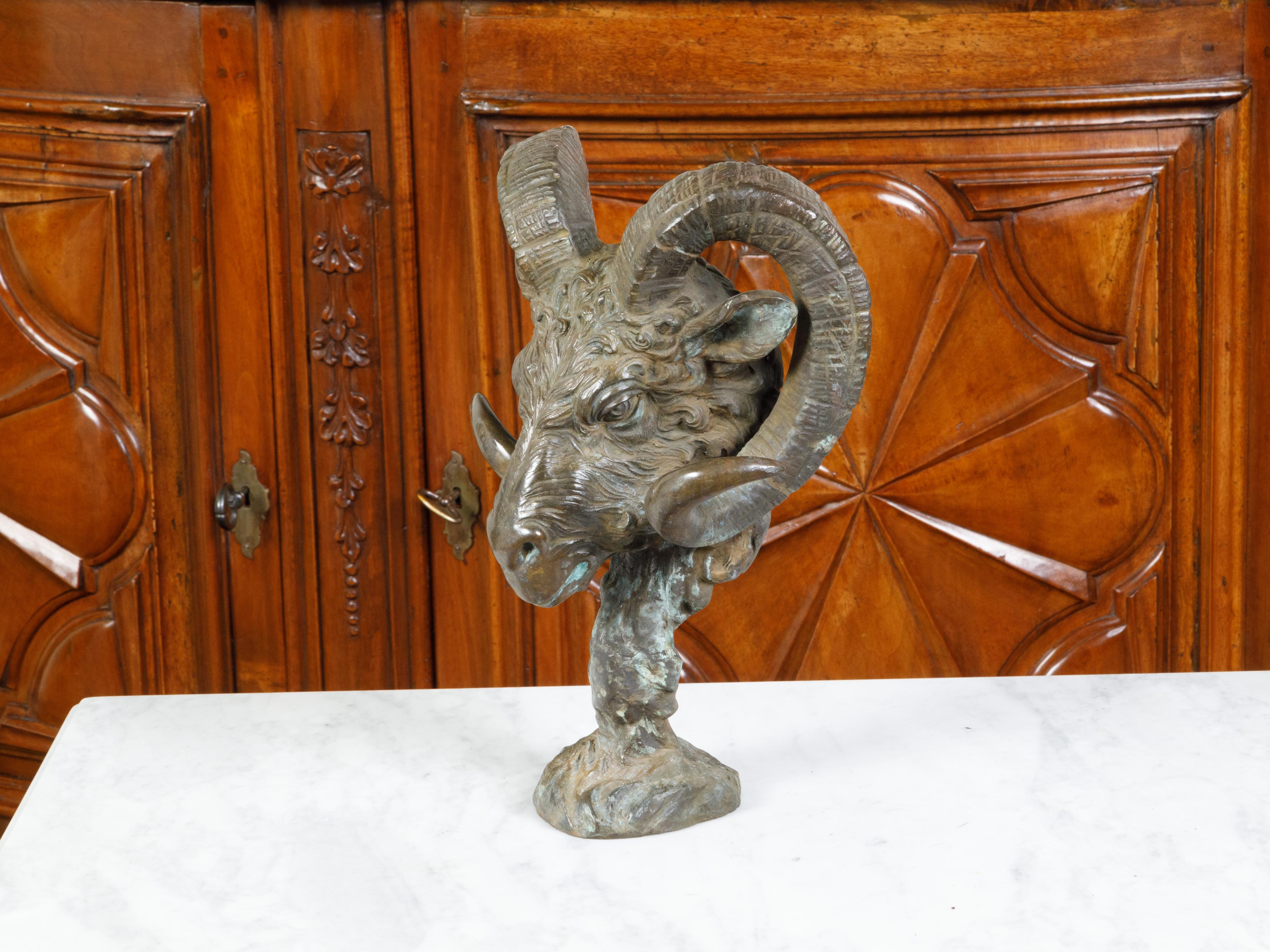 Mid-Century Modern Midcentury Italian Cast Bronze Sculpture of a Ram's Head on Base For Sale