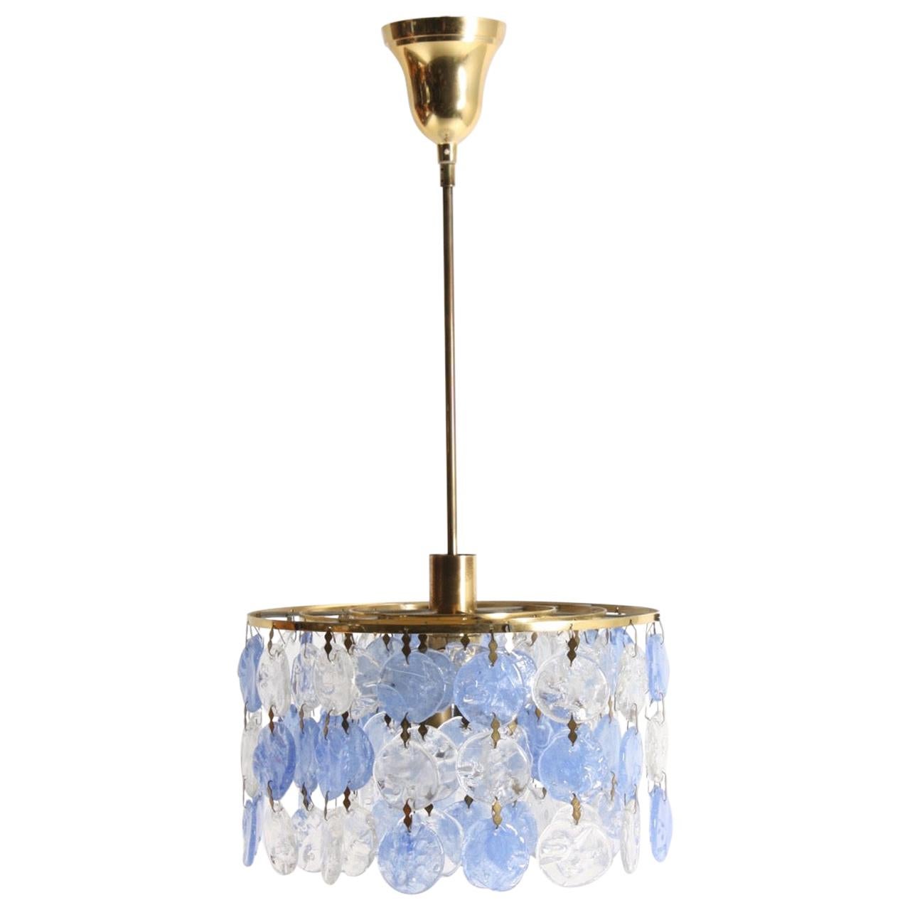 Midcentury Italian Chandelier in Brass and Colored Glass, 1960s