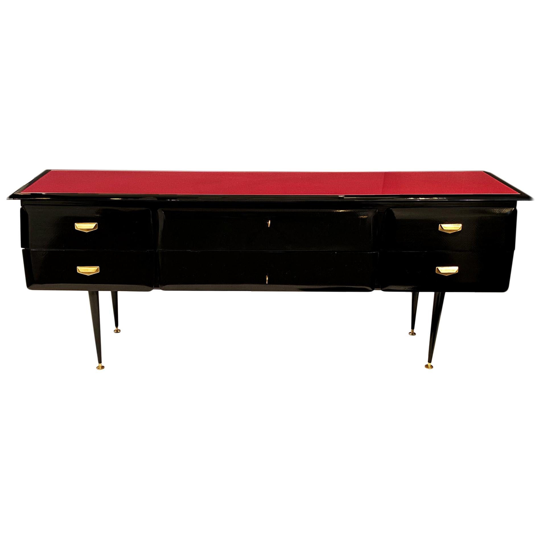 Midcentury Italian Chest with Red Glass Top