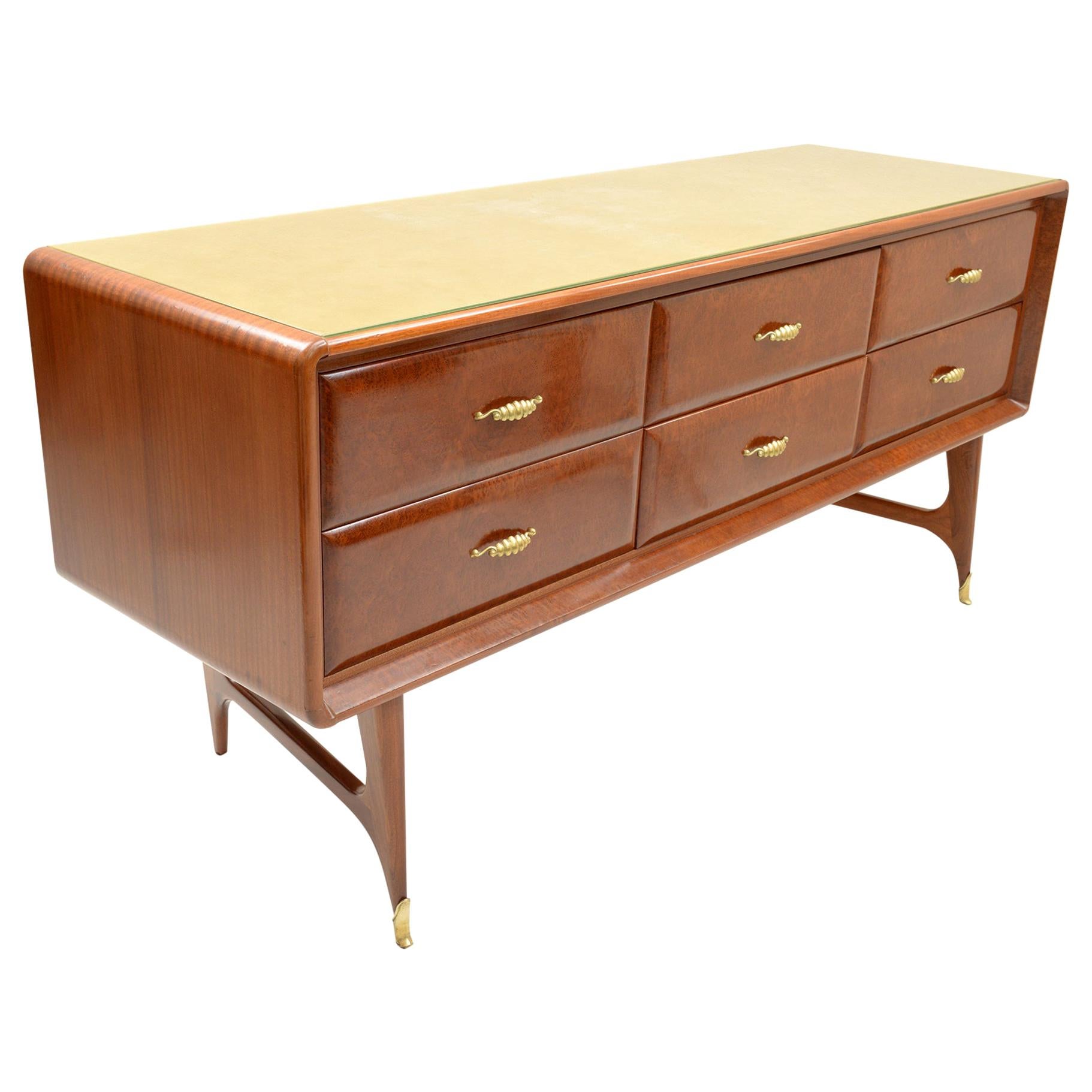 Midcentury Italian Chest with Six Rounded Drawers, Cast Brass Handles and Feet