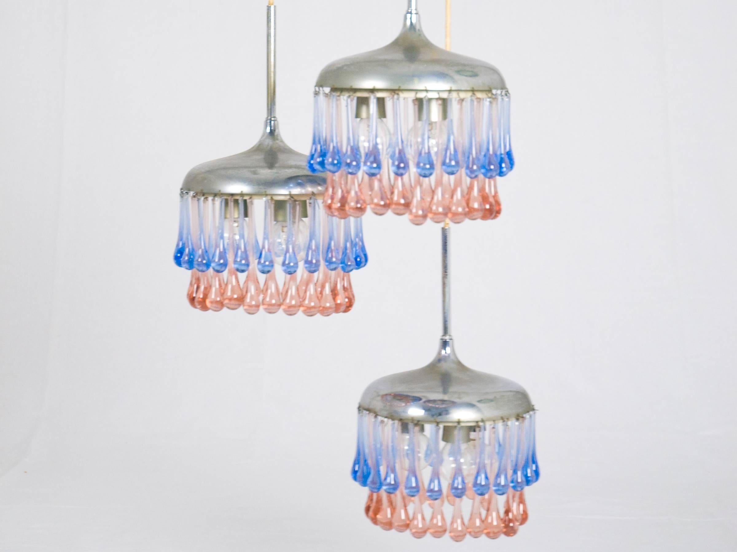 Mid-Century Modern Italian Chrome Plated and Glass 9-Light Pendant Lamp by Stilnovo, 1960s For Sale