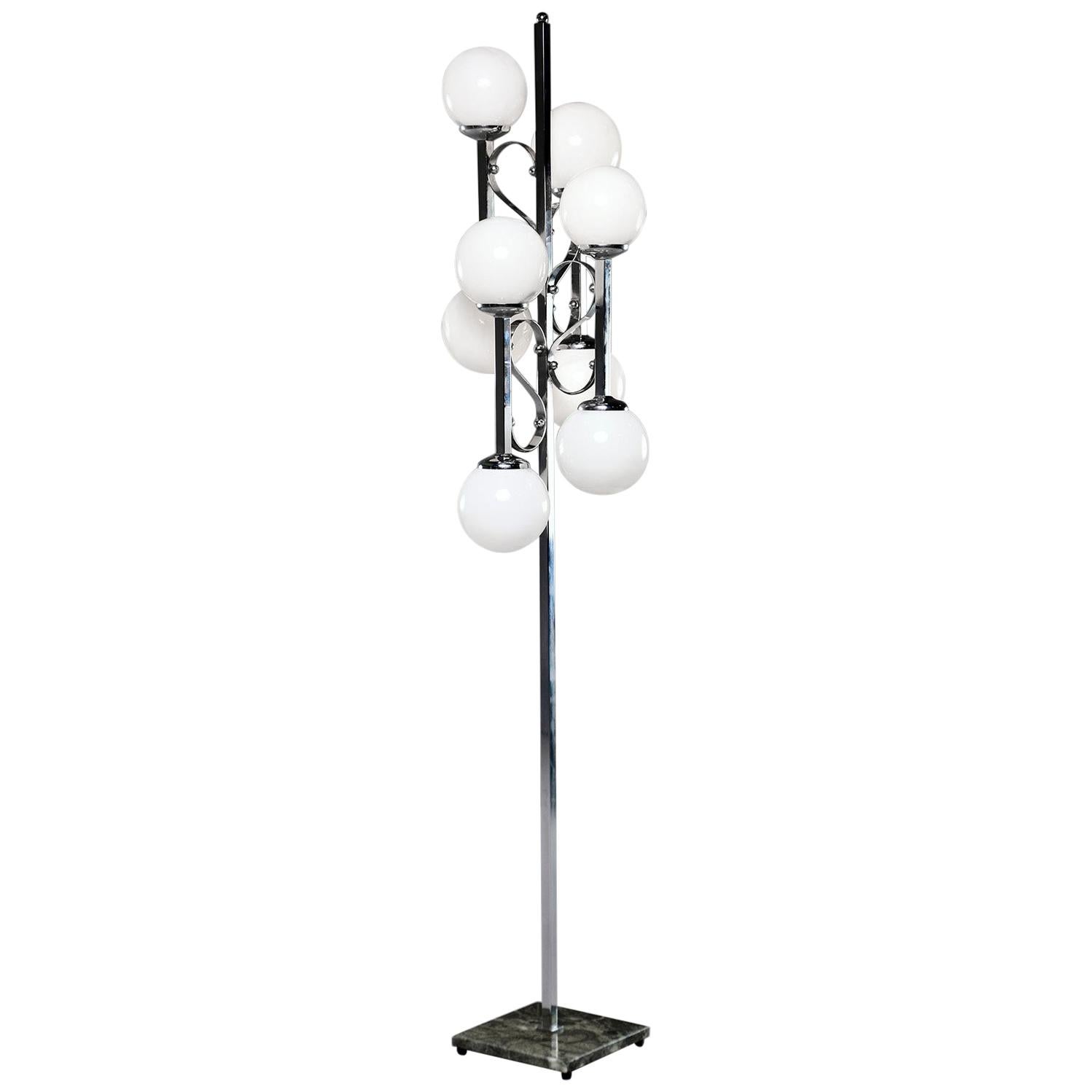 Midcentury Italian Chrome Floor Lamp with White Glass Globes