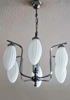 Midcentury Italian Chromed Chandelier with Six Satin White Glass Globes, 1960s