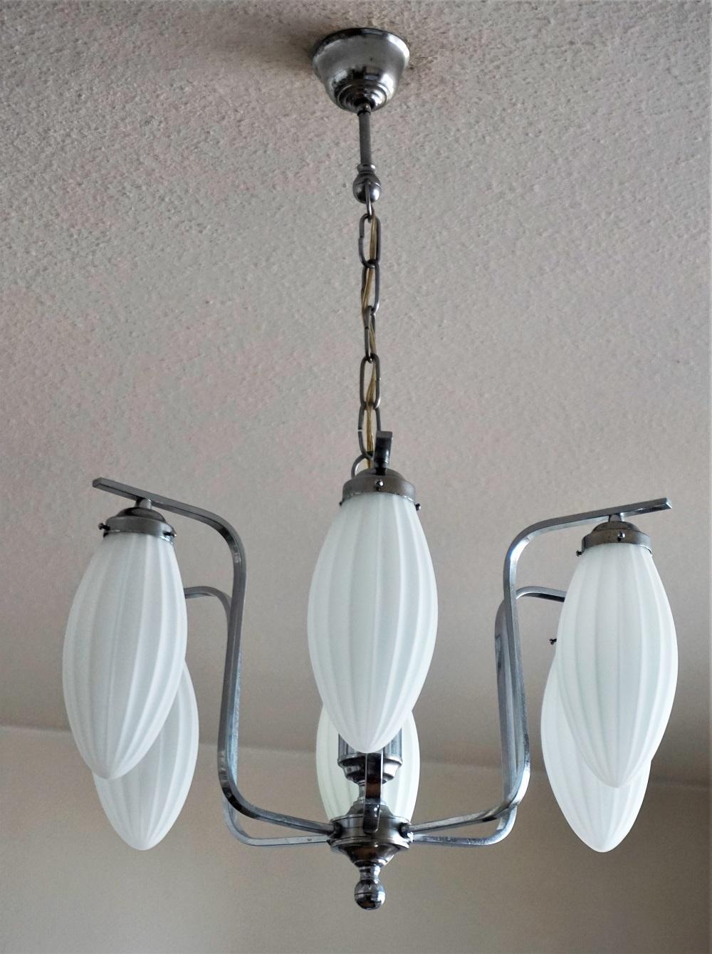 Art Deco Midcentury Italian Chromed Chandelier with Six Satin White Glass Globes, 1960s For Sale