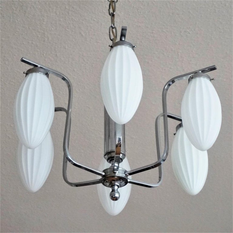 Stained Midcentury Italian Chromed Chandelier with Six Satin White Glass Globes, 1960s For Sale