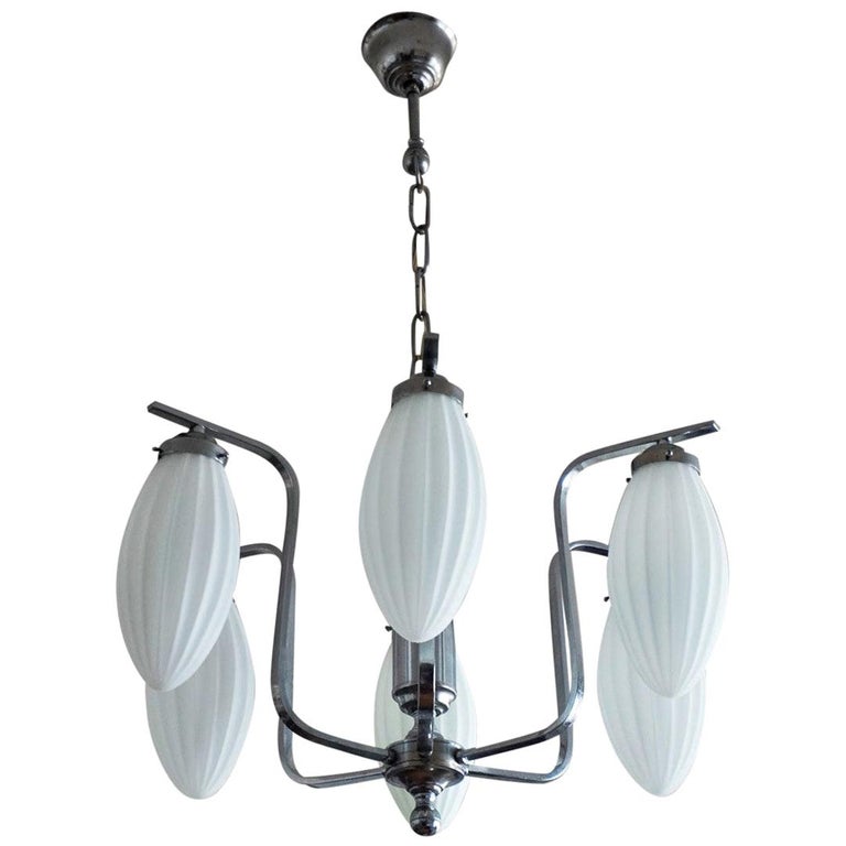 Midcentury Italian Chromed Chandelier with Six Satin White Glass Globes, 1960s For Sale