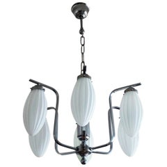 Retro Midcentury Italian Chromed Chandelier with Six Satin White Glass Globes, 1960s