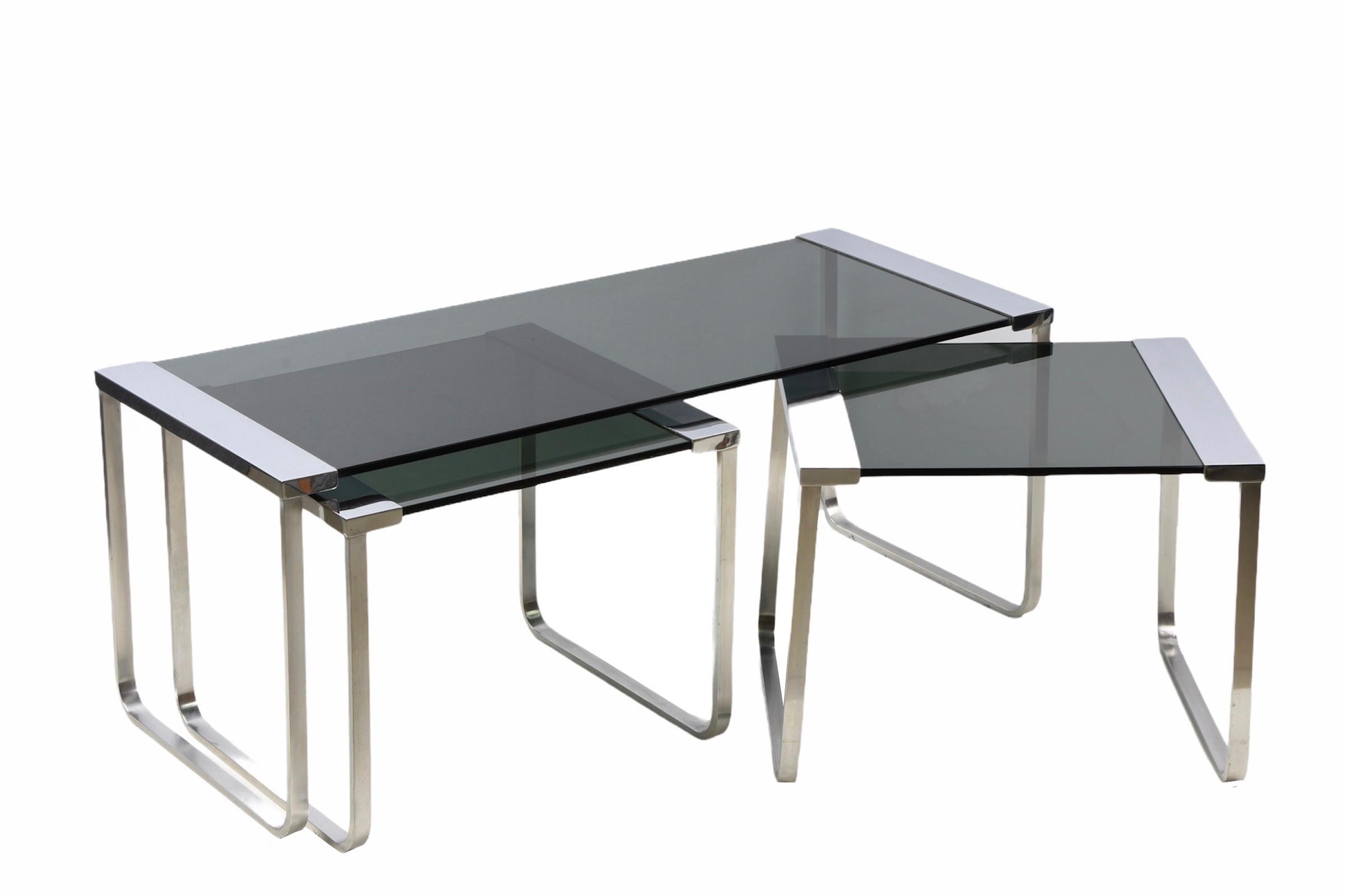 Midcentury Italian Chromed Metal, Aluminum, Smoked Glass Nesting Tables, 1970s For Sale 5