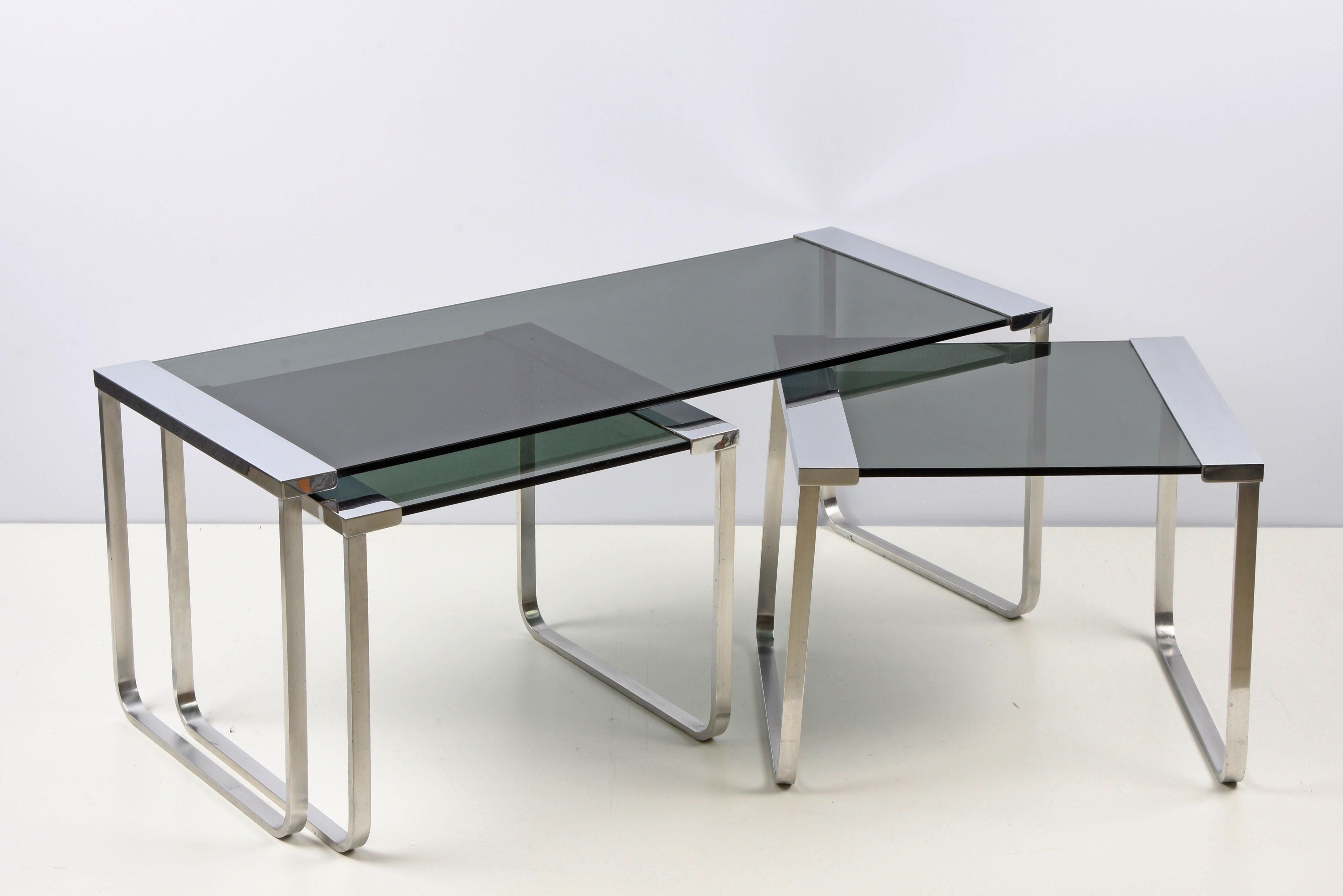 Midcentury Italian Chromed Metal, Aluminum, Smoked Glass Nesting Tables, 1970s For Sale 6