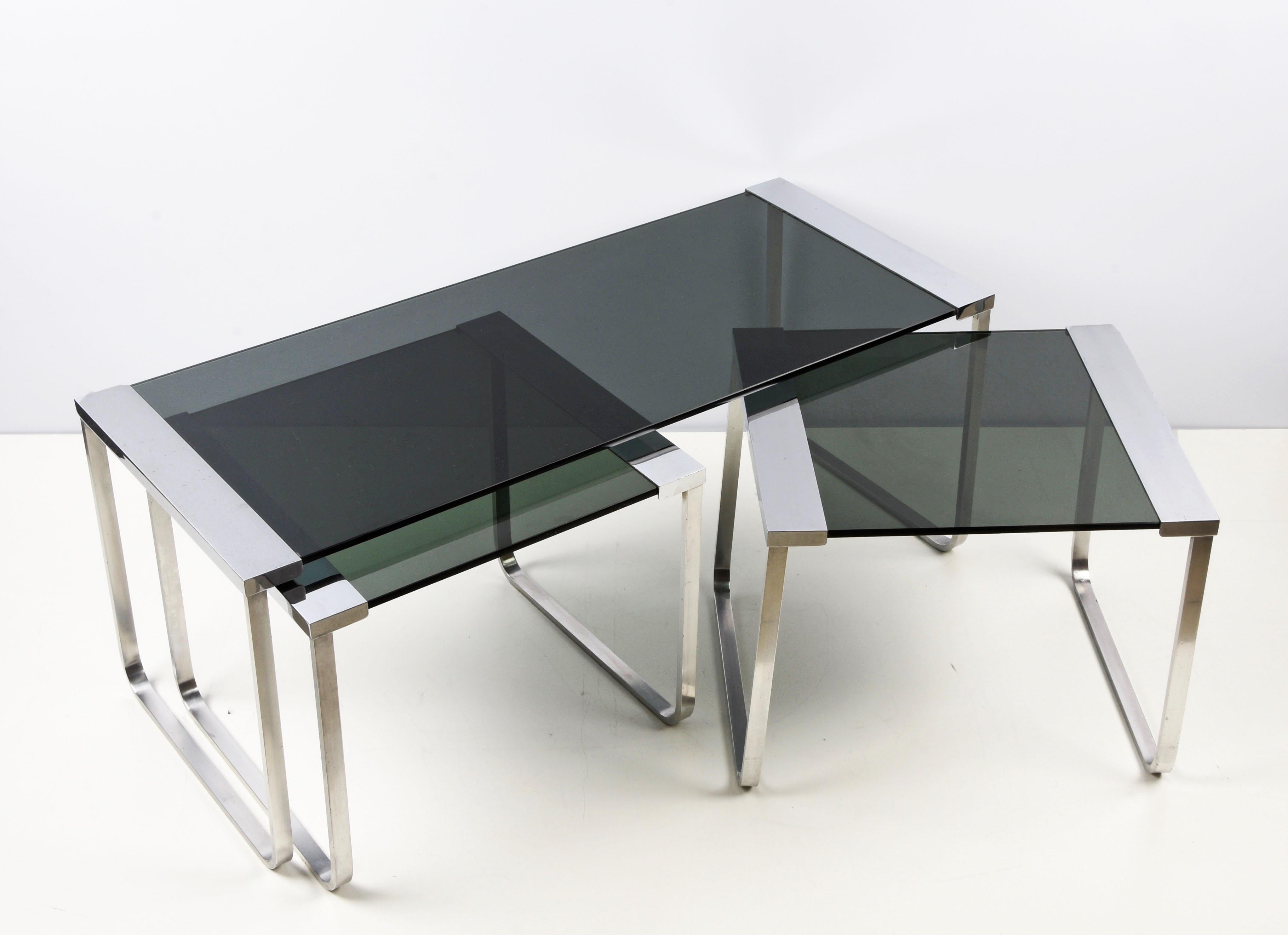 Midcentury Italian Chromed Metal, Aluminum, Smoked Glass Nesting Tables, 1970s For Sale 7