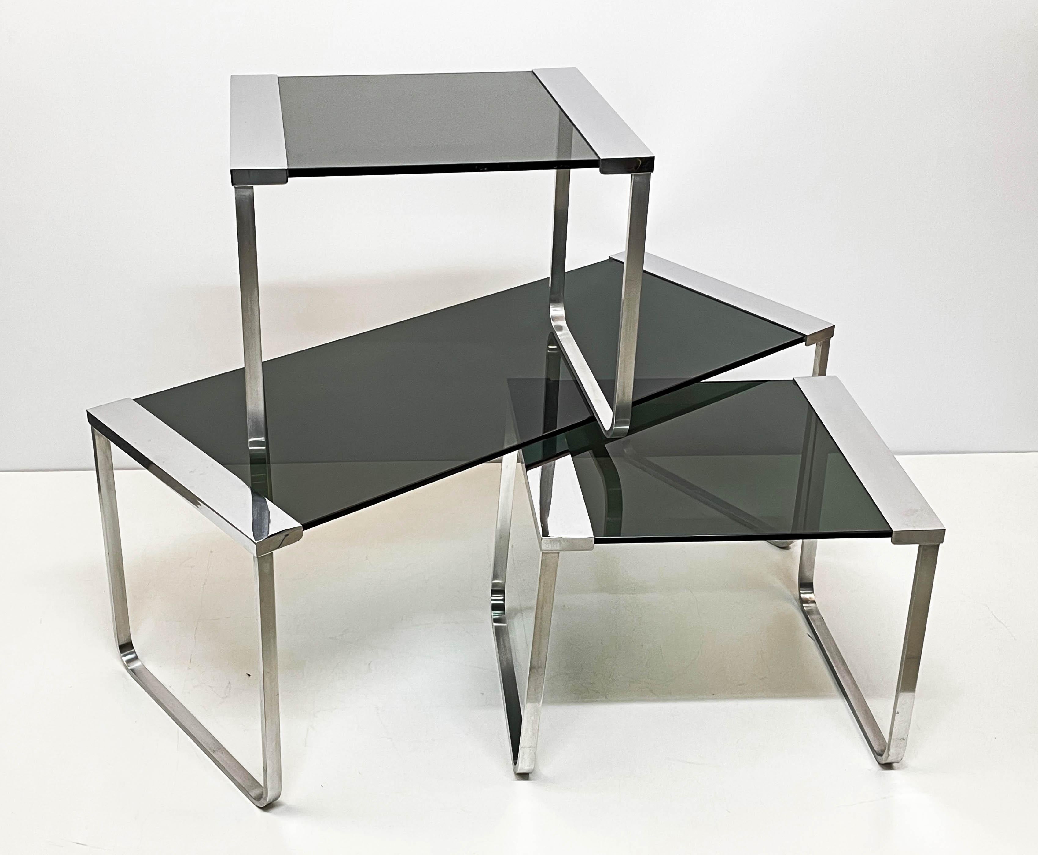 Midcentury Italian Chromed Metal, Aluminum, Smoked Glass Nesting Tables, 1970s For Sale 9