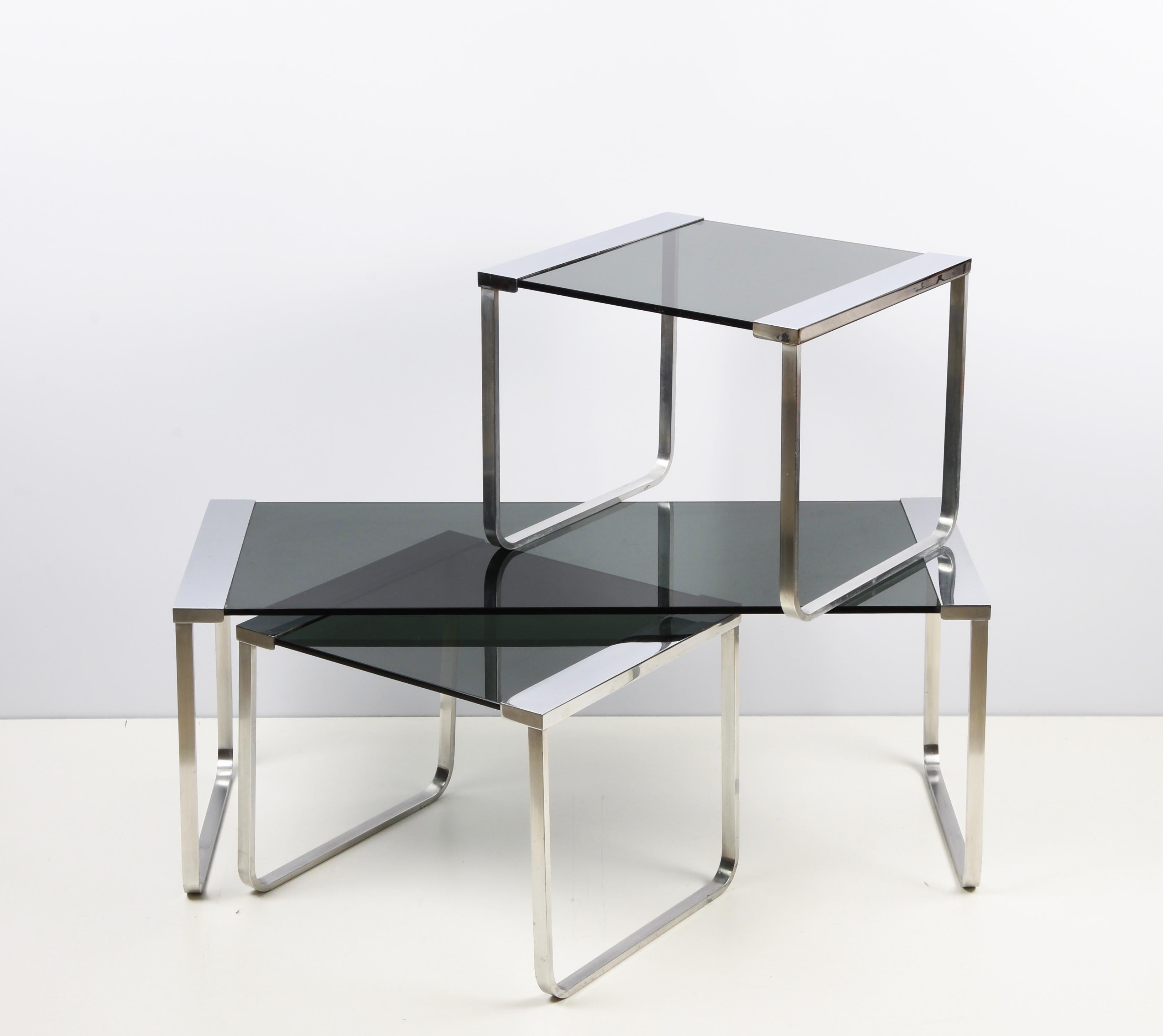 Midcentury Italian Chromed Metal, Aluminum, Smoked Glass Nesting Tables, 1970s For Sale 10