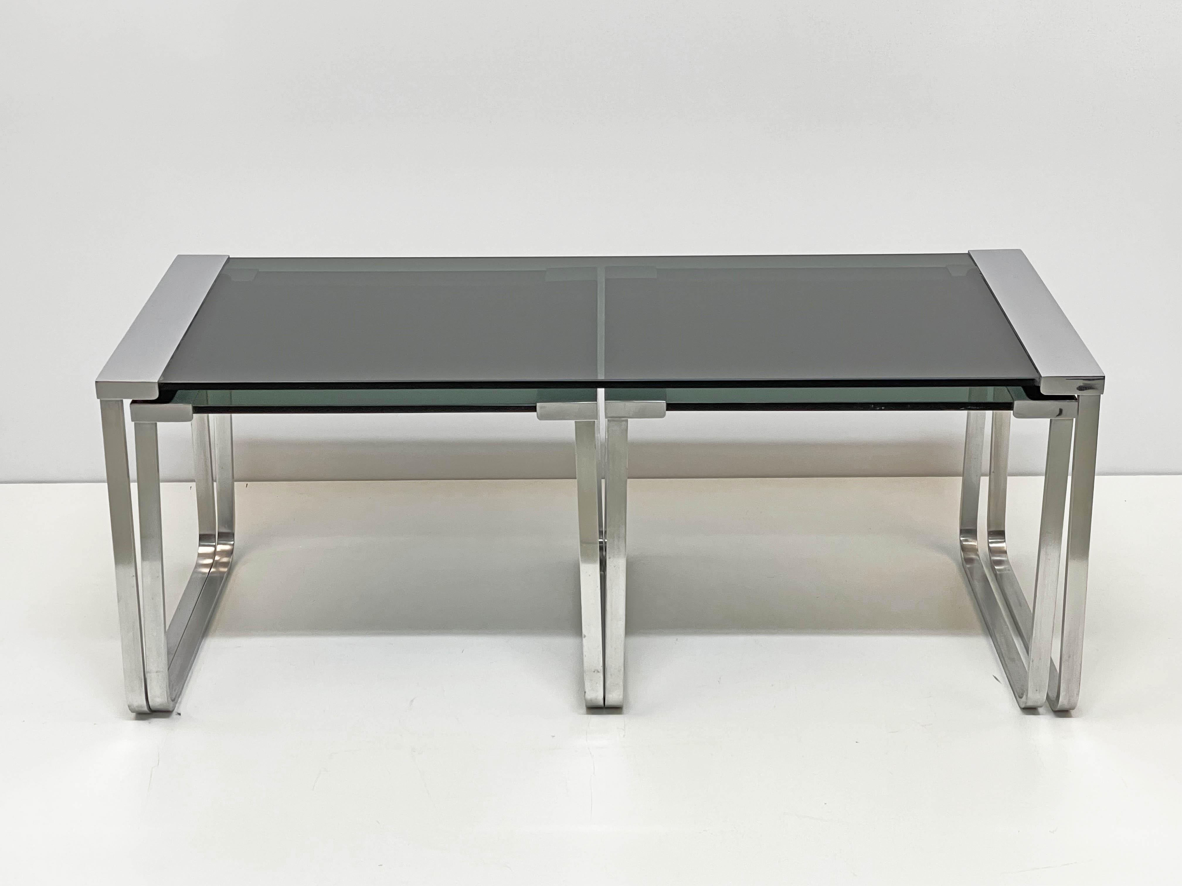 Mid-Century Modern Midcentury Italian Chromed Metal, Aluminum, Smoked Glass Nesting Tables, 1970s For Sale