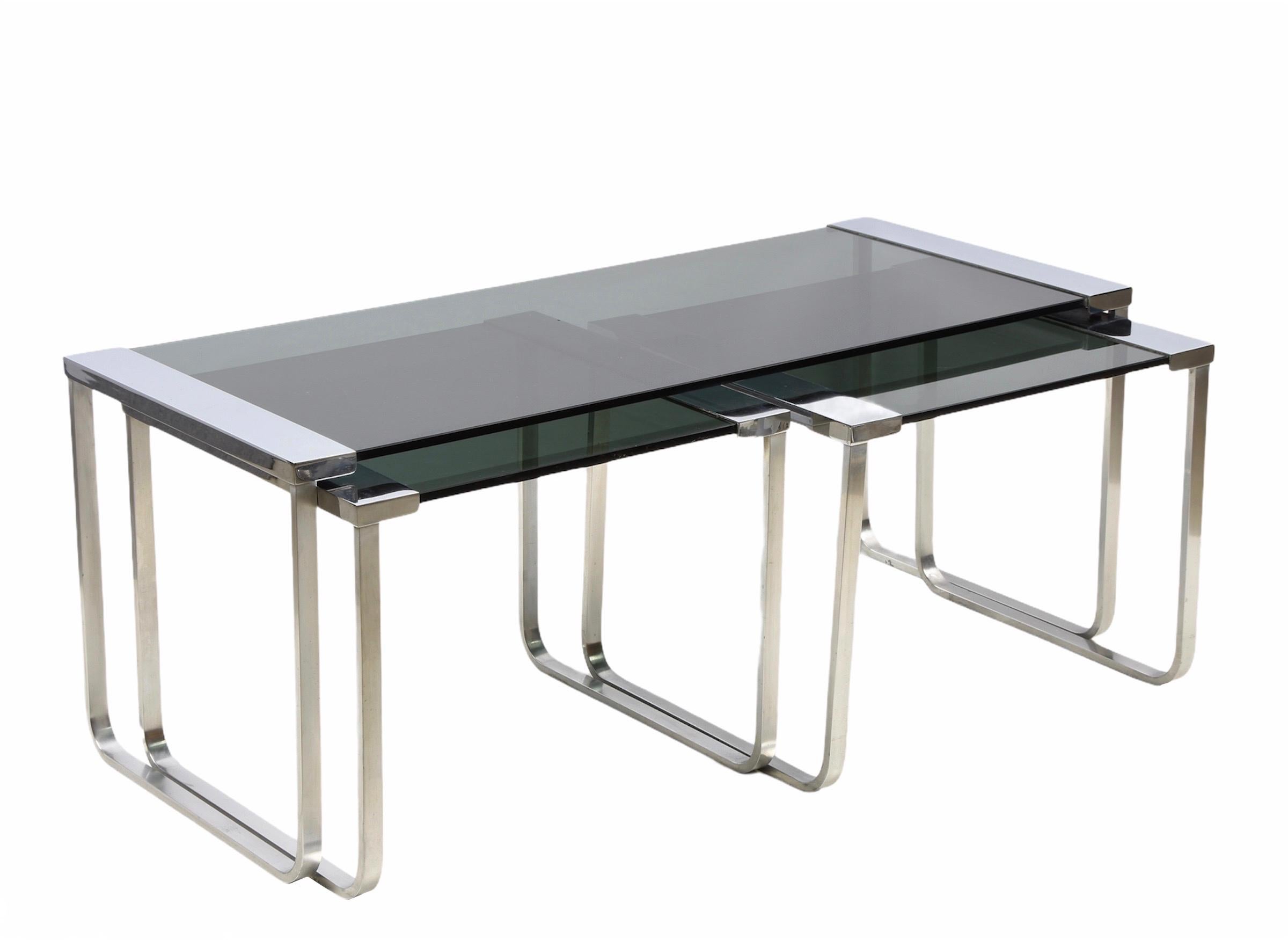 Midcentury Italian Chromed Metal, Aluminum, Smoked Glass Nesting Tables, 1970s For Sale 3