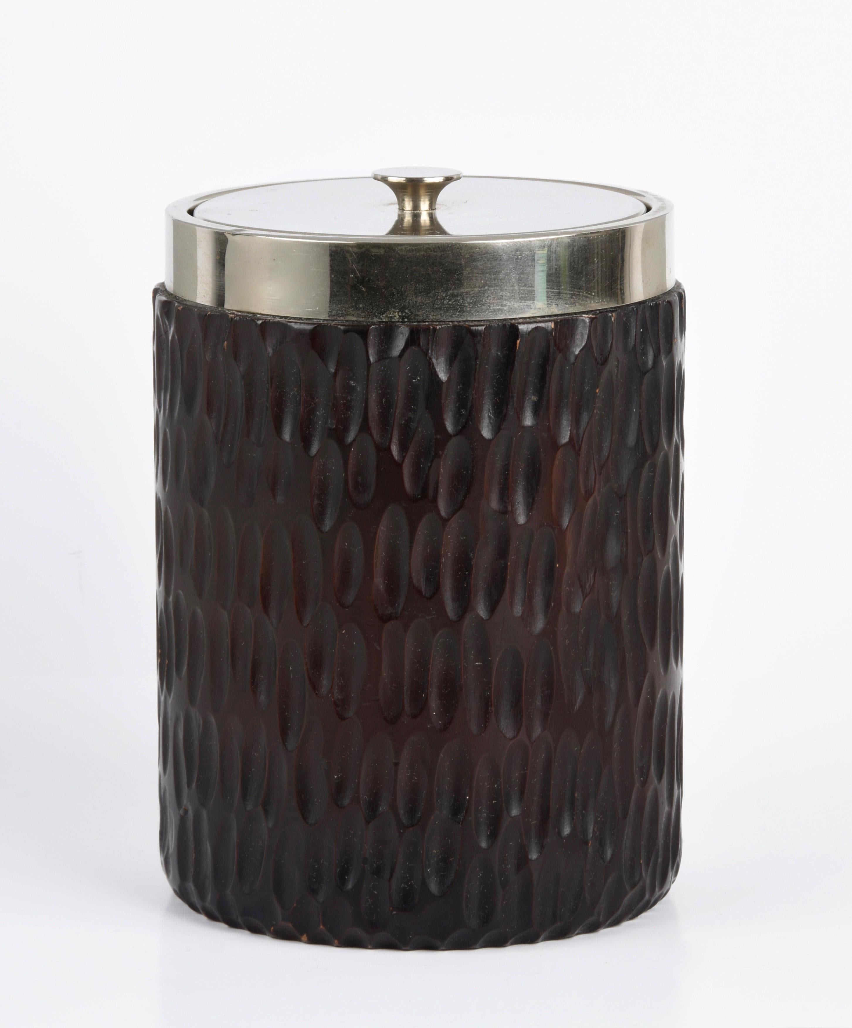 Mid-Century Modern Midcentury Italian Chromed Silver Plate and Carved Wood Ice Bucket, 1970s