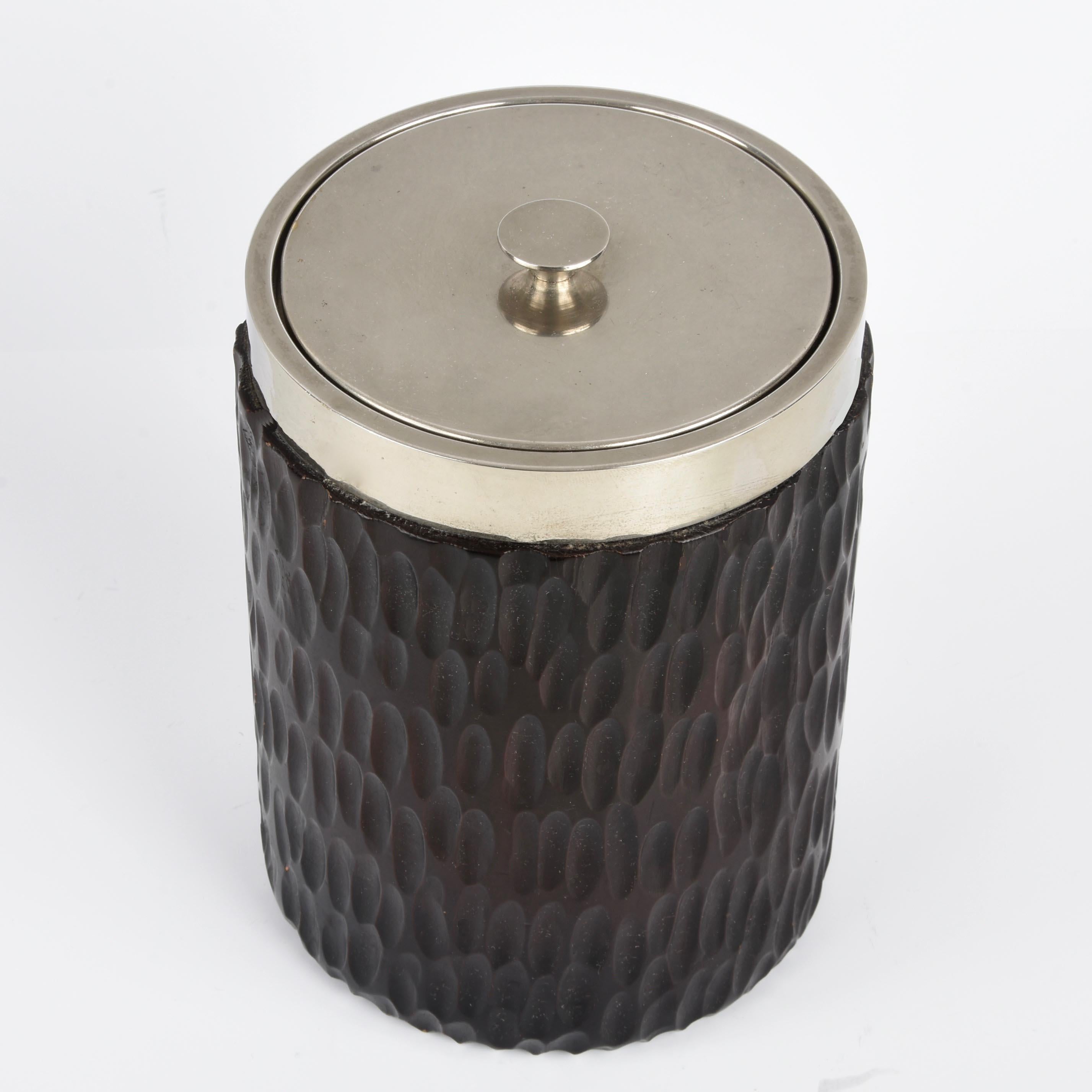 Hand-Carved Midcentury Italian Chromed Silver Plate and Carved Wood Ice Bucket, 1970s