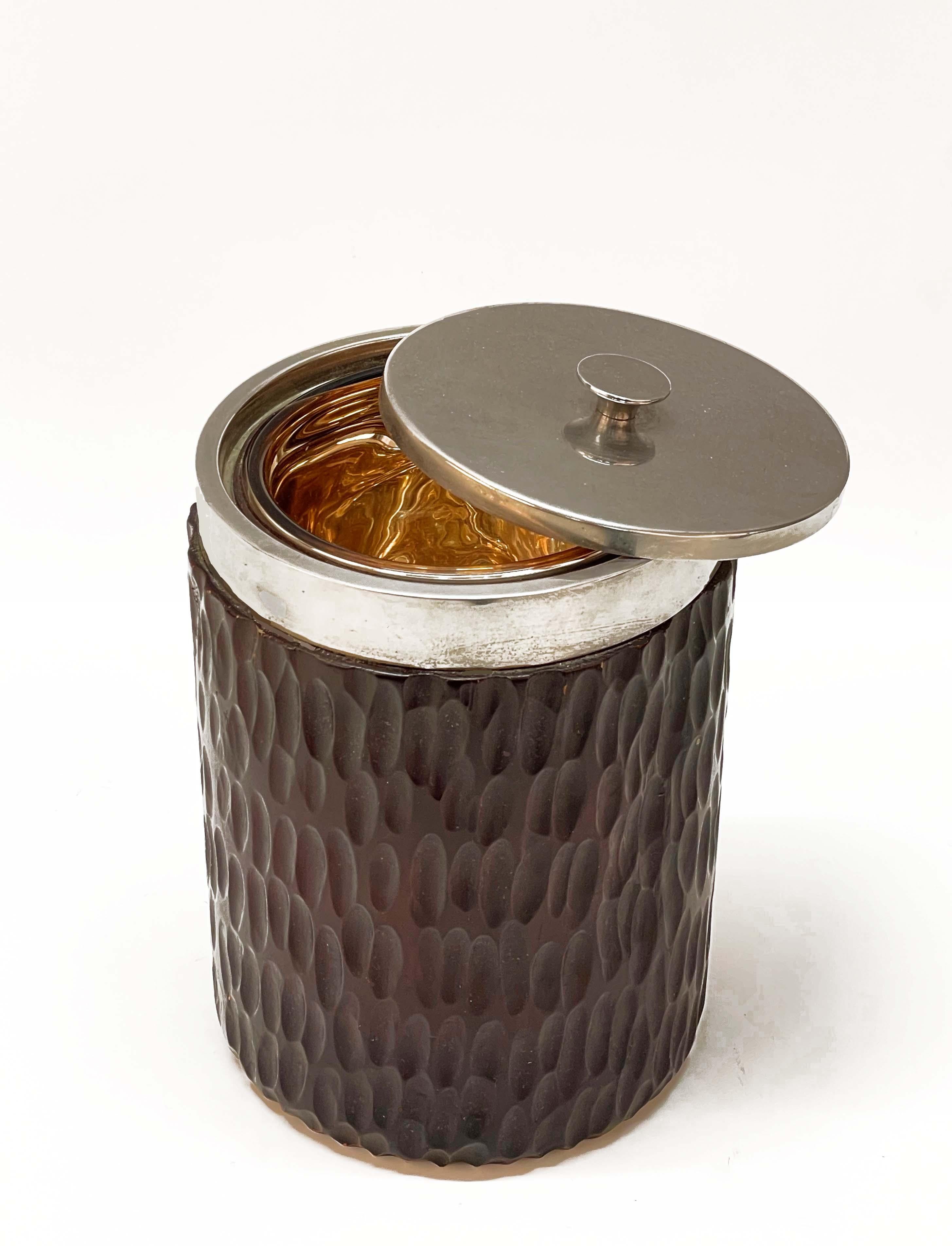 20th Century Midcentury Italian Chromed Silver Plate and Carved Wood Ice Bucket, 1970s