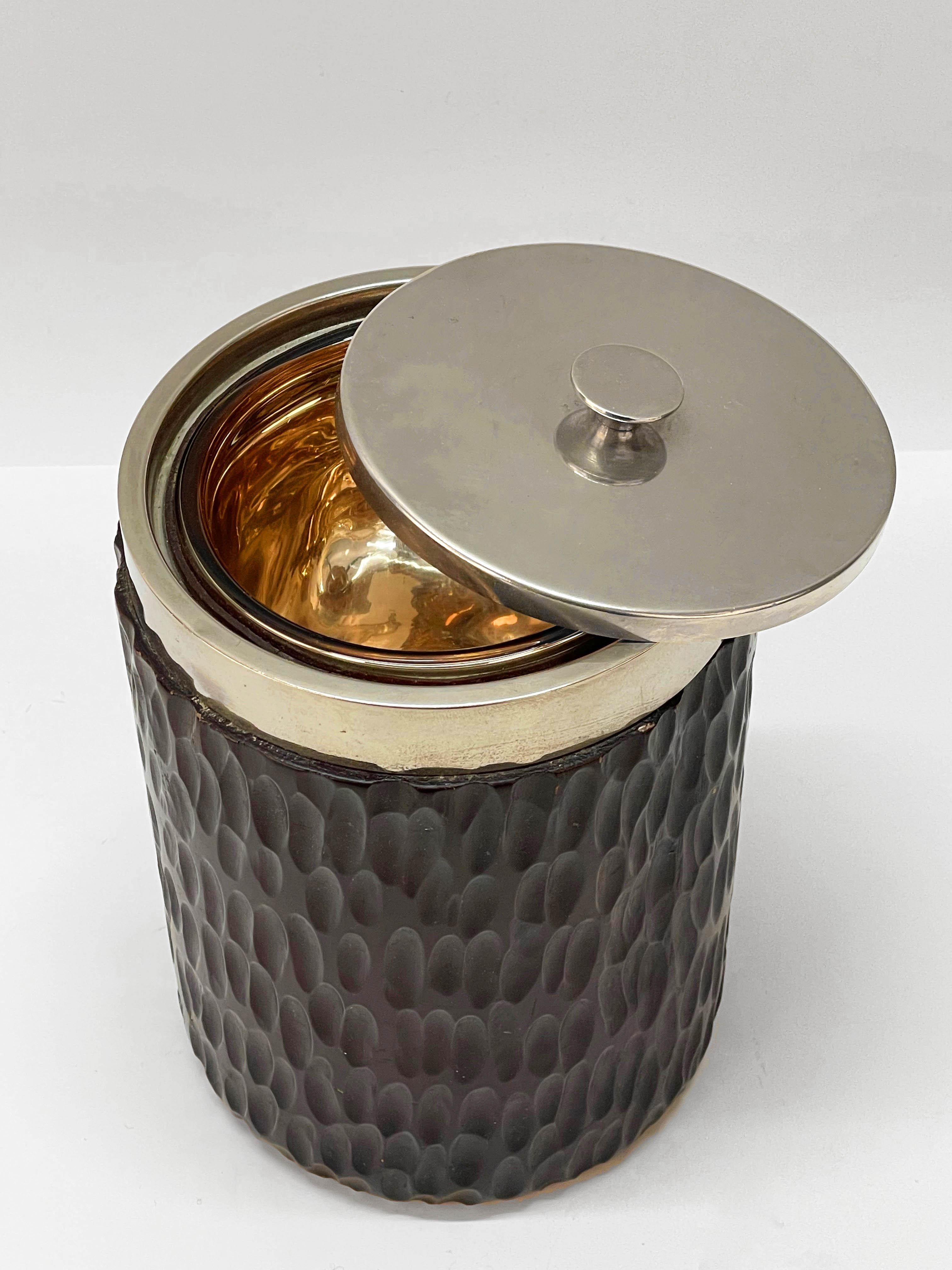 Midcentury Italian Chromed Silver Plate and Carved Wood Ice Bucket, 1970s 1