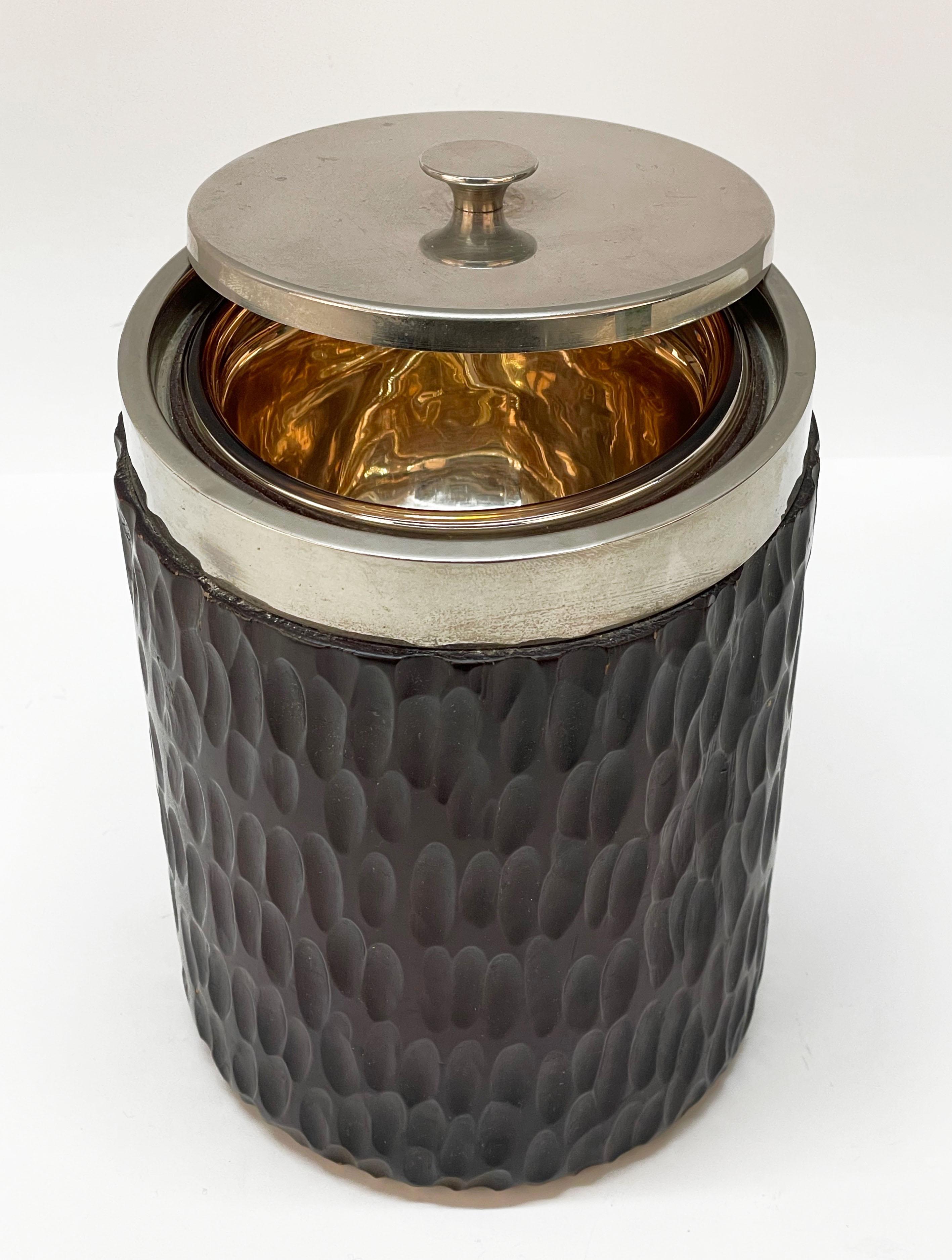 Midcentury Italian Chromed Silver Plate and Carved Wood Ice Bucket, 1970s 2