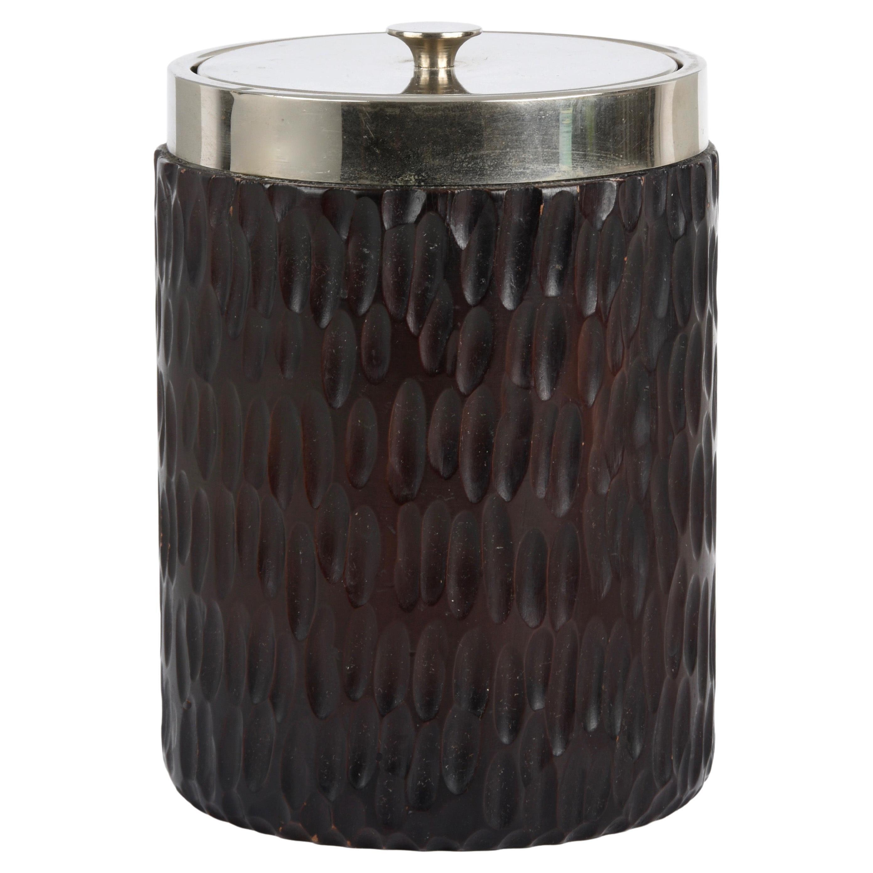 Midcentury Italian Chromed Silver Plate and Carved Wood Ice Bucket, 1970s