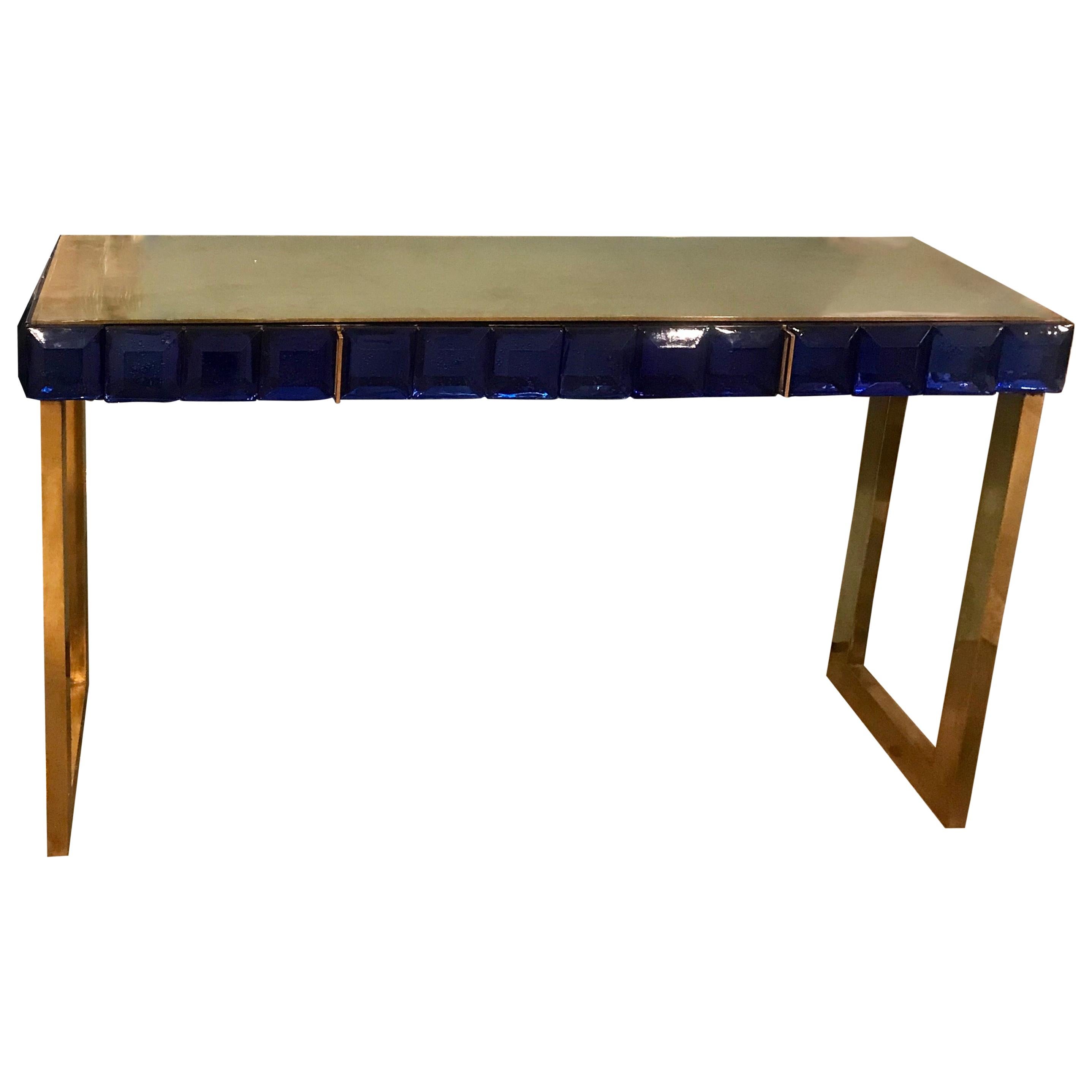 Midcentury Italian Cobalt Blue Glass and Brass Console Table