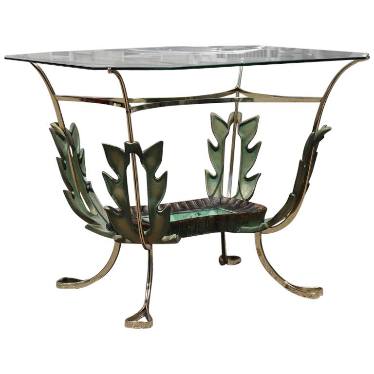 Midcentury Italian Coffee Table Colli Design Green Gold Brass Leaves For Sale