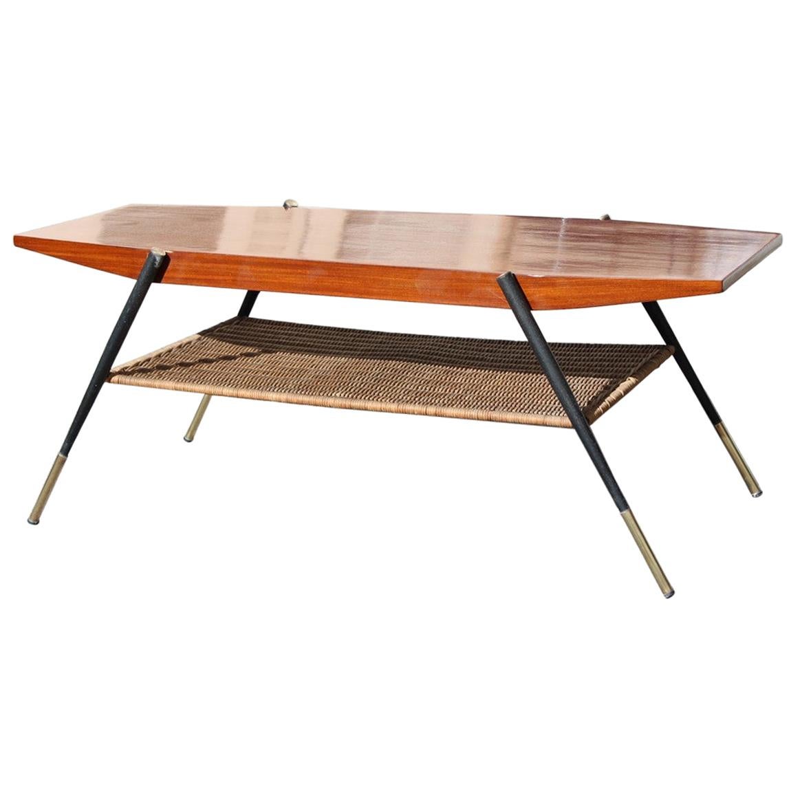 Midcentury Italian Coffee Table in Mahogany Metal Brass and Bamboo Straw, 1950s