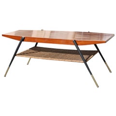Midcentury Italian Coffee Table in Mahogany Metal Brass and Bamboo Straw, 1950s