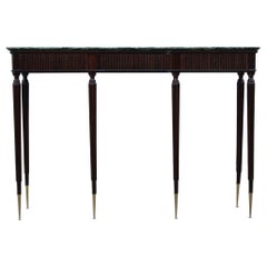 Midcentury Italian Console in Mahogany and Green Marble Spiked Feet and Brass
