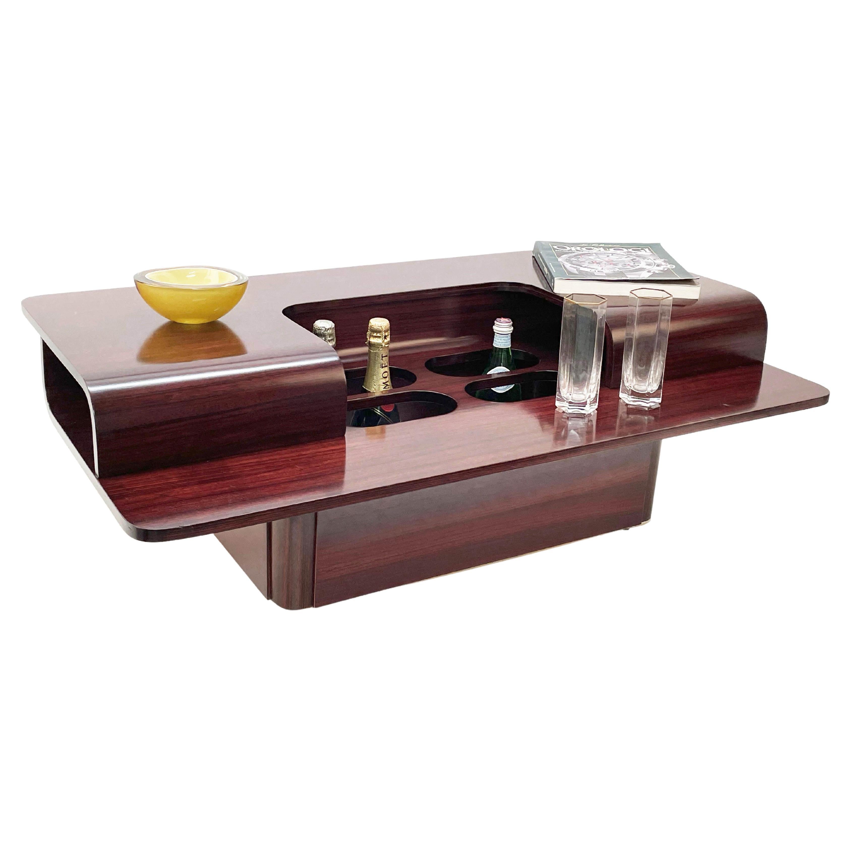 Midcentury Italian Dark Brown Wooden Coffee Table with Bottle Holders, 1970s For Sale 11