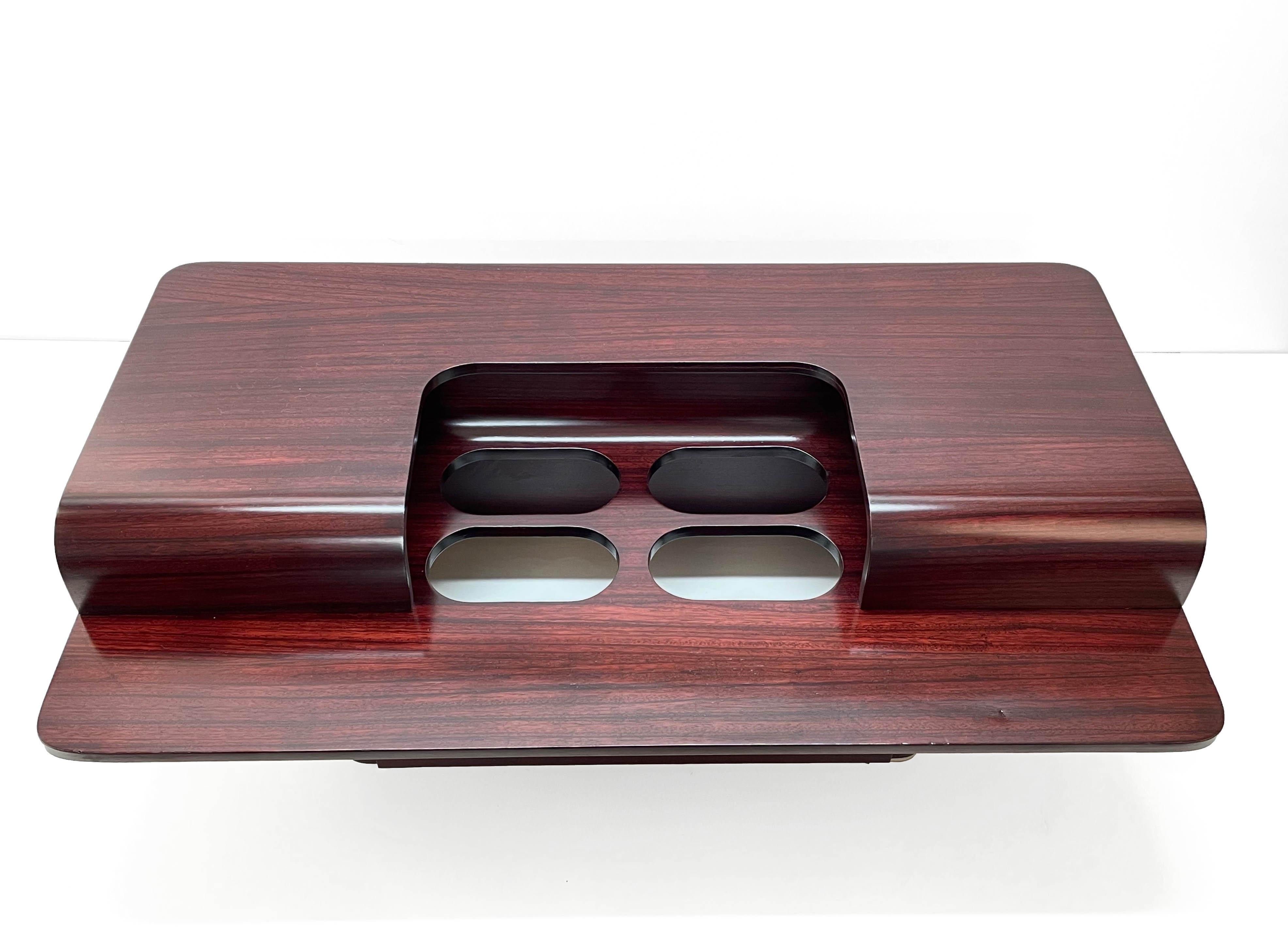 Mid-Century Modern Midcentury Italian Dark Brown Wooden Coffee Table with Bottle Holders, 1970s For Sale