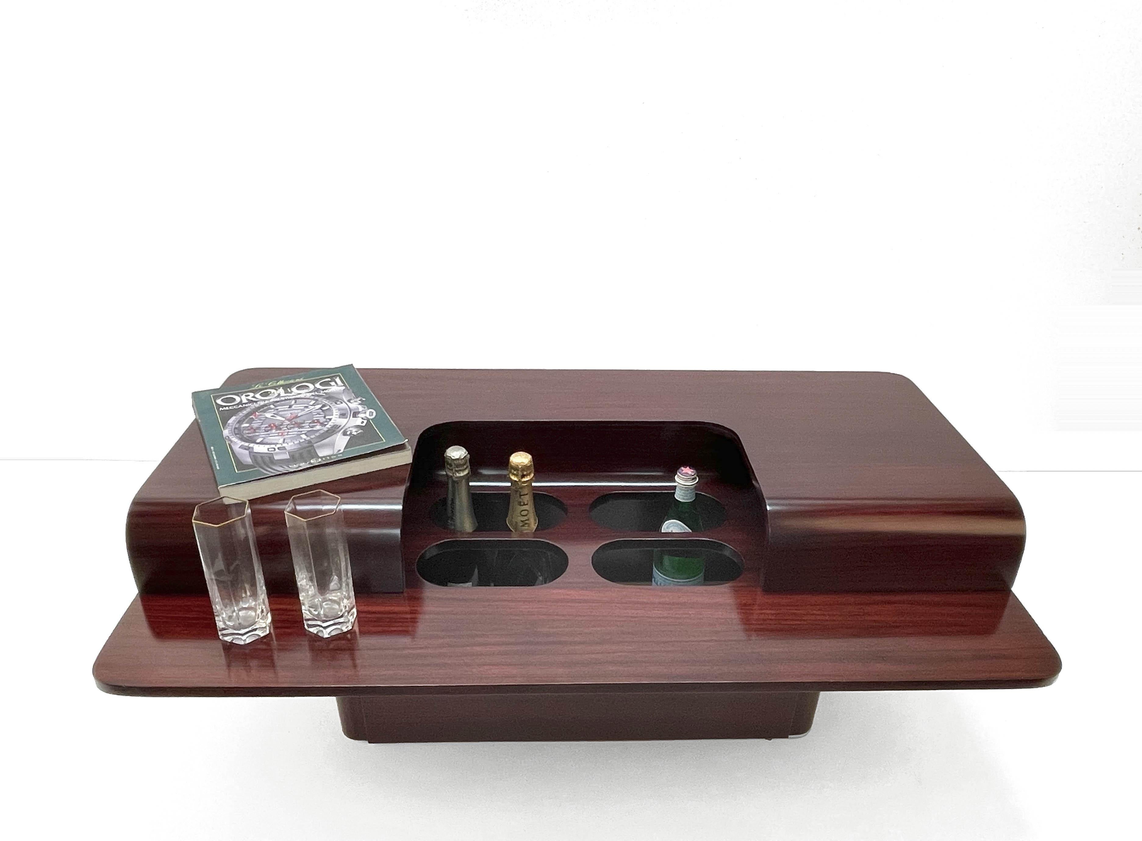 Midcentury Italian Dark Brown Wooden Coffee Table with Bottle Holders, 1970s For Sale 3