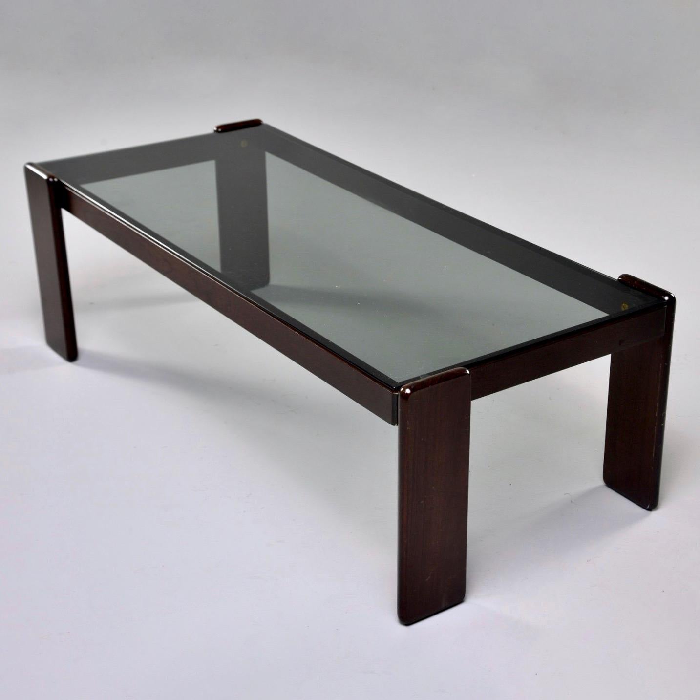20th Century Midcentury Italian Dark Wood Framed Cocktail Table with Smoke Colored Glass For Sale