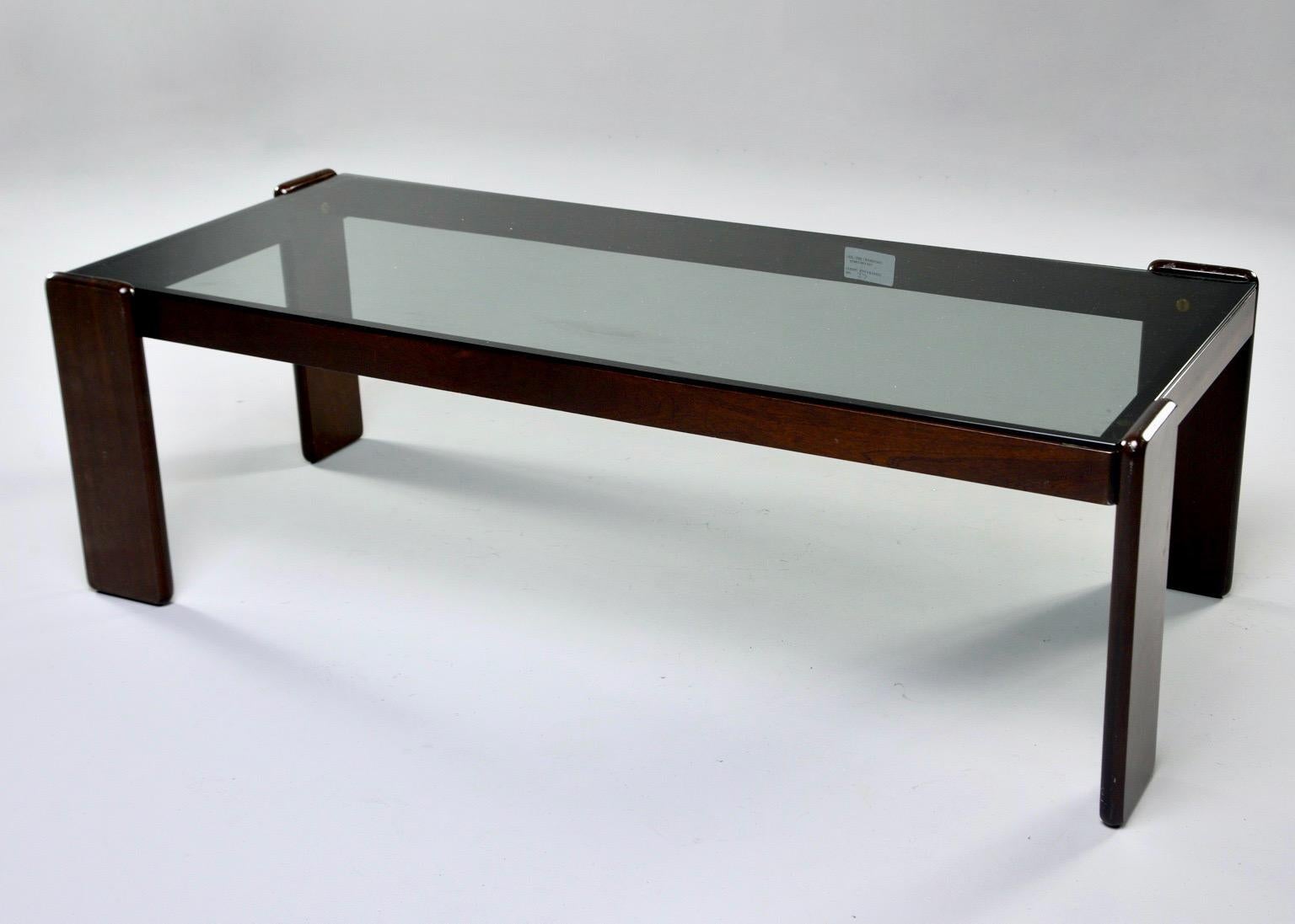 Midcentury Italian Dark Wood Framed Cocktail Table with Smoke Colored Glass For Sale 1