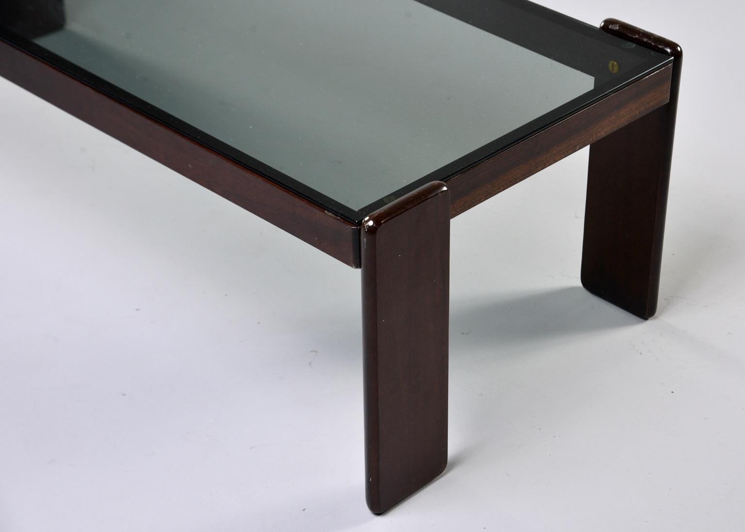 Midcentury Italian Dark Wood Framed Cocktail Table with Smoke Colored Glass For Sale 2