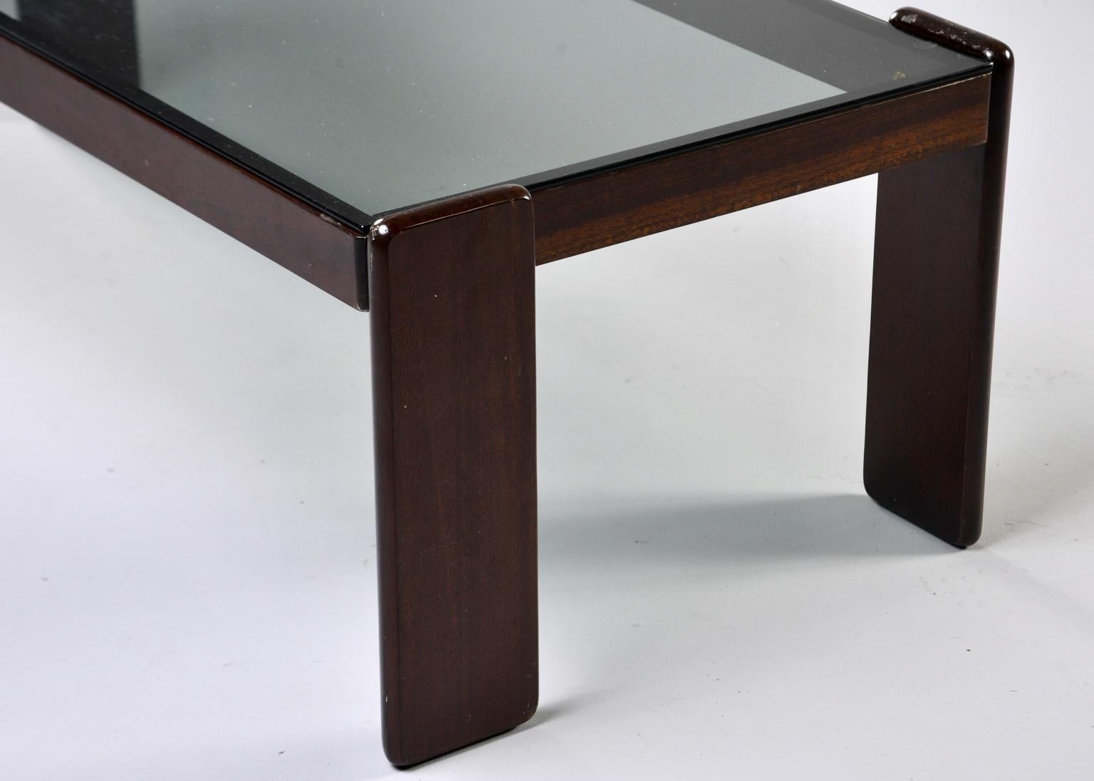 Midcentury Italian Dark Wood Framed Cocktail Table with Smoke Colored Glass For Sale 3