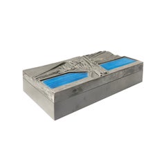 Midcentury Italian Del Campo Engraved Steel Box with Blue Enamel Lid Detail
