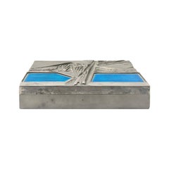 Midcentury Italian Del Campo Engraved Steel Box with Blue Enamel Lid Detail