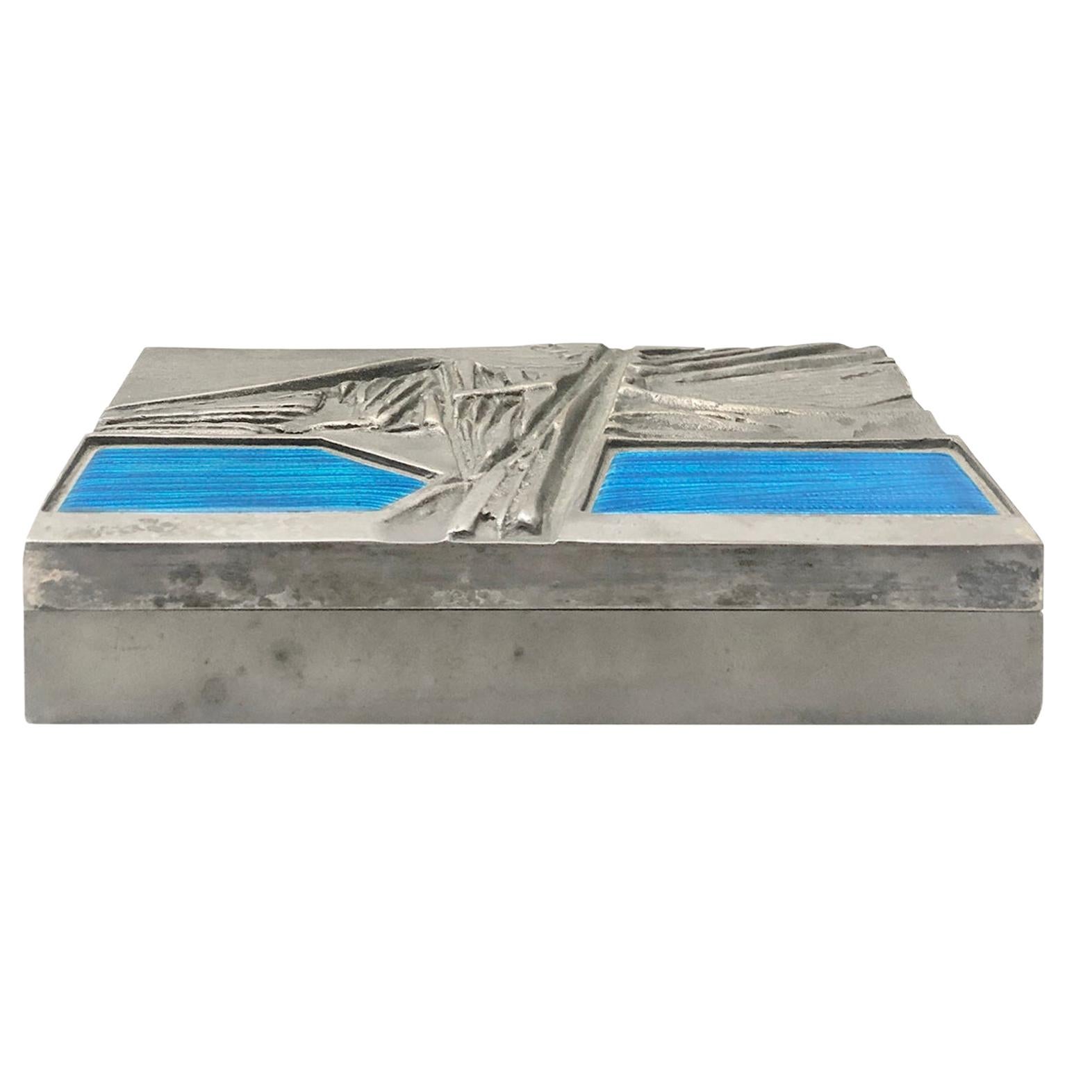 Midcentury Italian Del Campo Engraved Steel Box with Blue Enamel Lid Detail For Sale