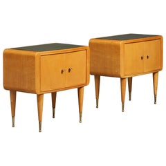 Midcentury Italian Design Ash Wood Nightstands with Brass Accents Vintage Midcentury Italian Design Ash Wood Nightstands with Brass Accents