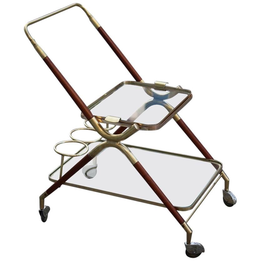 Midcentury Italian Design Bar Cart Wood and Brass Gold Glass Top Removable Tray For Sale