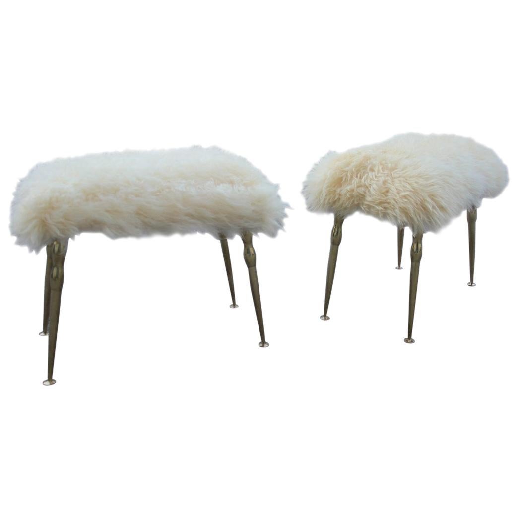 Midcentury Italian Design Stools in Brass and Rectangular Seats Sheep, 1950s