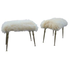 Midcentury Italian Design Stools in Brass and Rectangular Seats Sheep, 1950s
