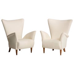 Midcentury Italian Design White Fabric Armchairs, Set of Two